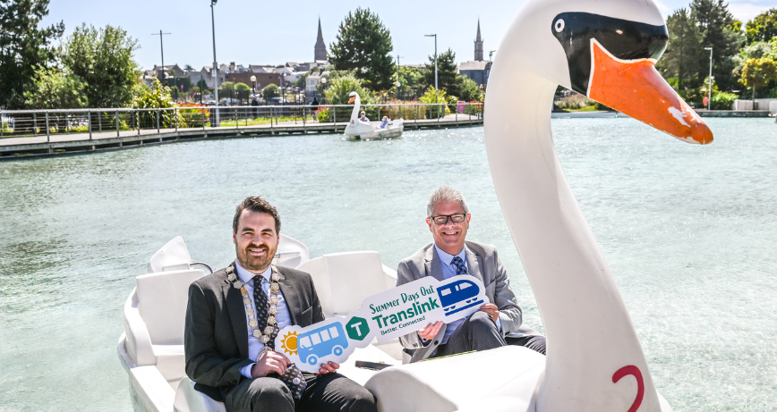 Mayor of Ards and North Down, Cllr Alistair Cathcart and Pete Marshall, Translink Service Delivery Manager promote Translink's summer Days Out ticket, at Pickie Funpark in Bangor